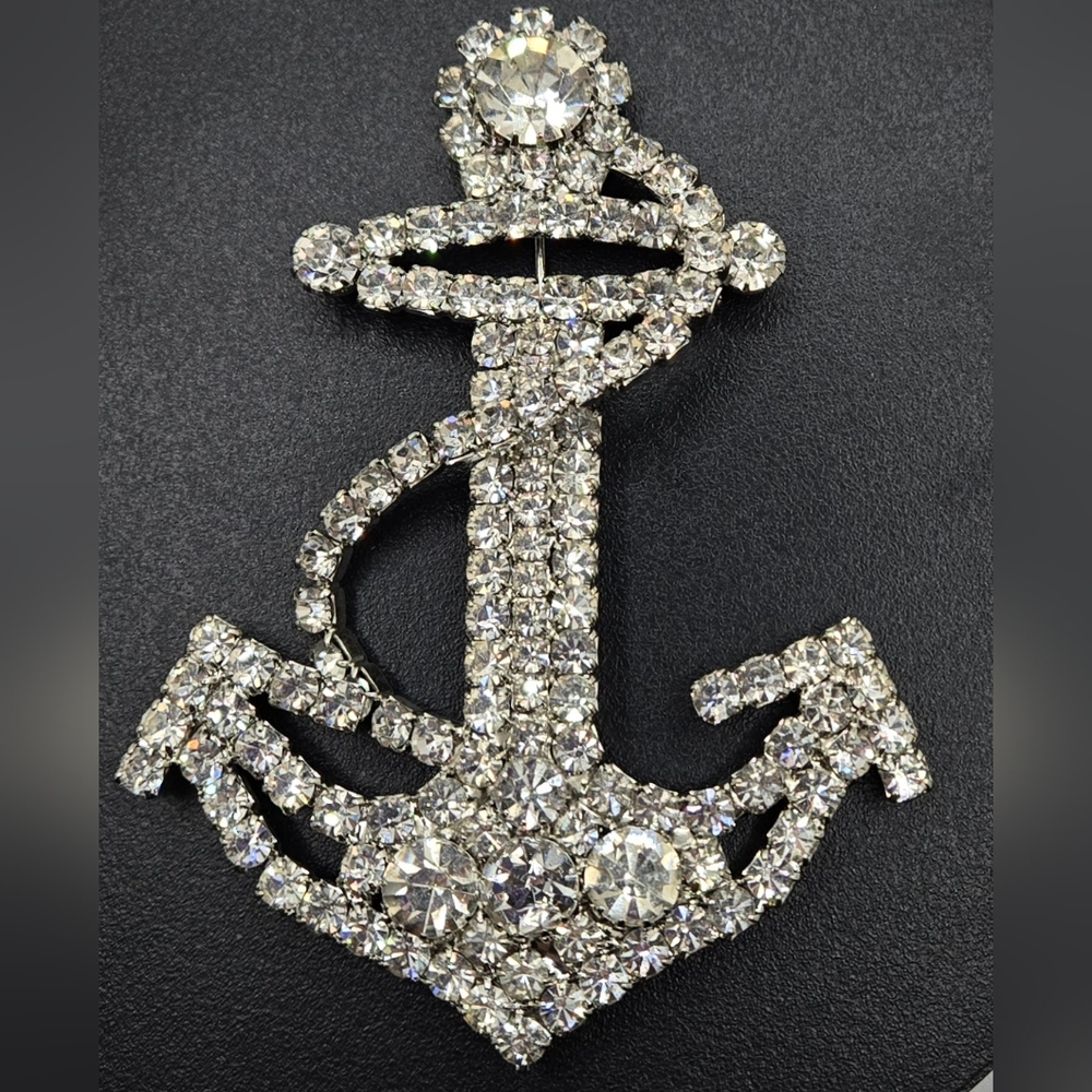 ⚓ Rare Anchor Brooch Large 4" X 3" Prong Set Rhinestones Vintage Truly Stunning!